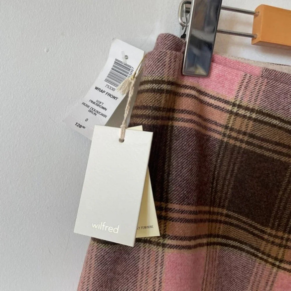 Aritzia Wilfred Dorine New Wrap Front Wool Mini Skirt Pink Brown Plaid Sz 0 NWT - Picture 3 of 5